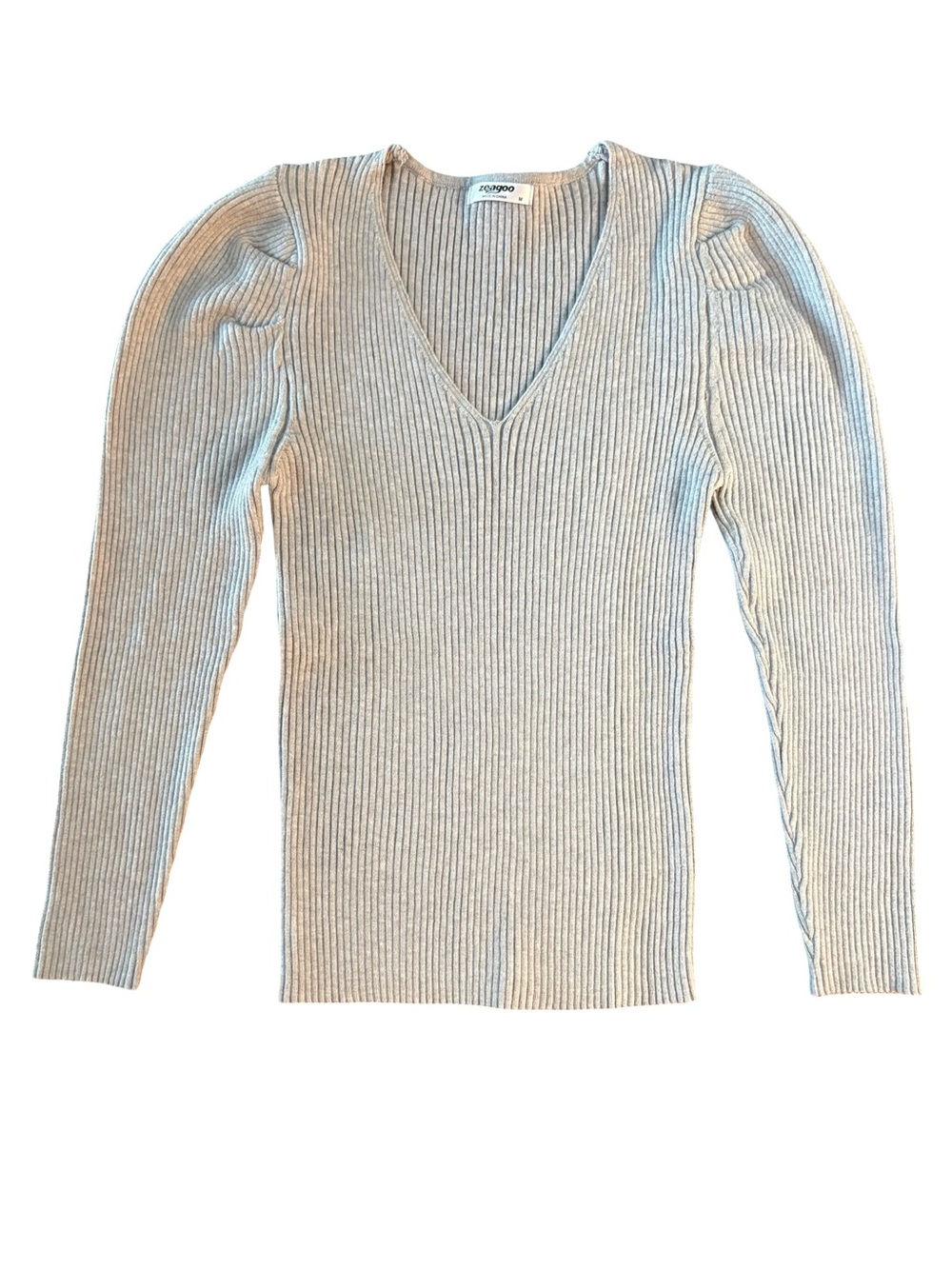 Zeagoo Ribbed V-Neck Sweater in Light Gray Like New Ultra Stretch Women’s M